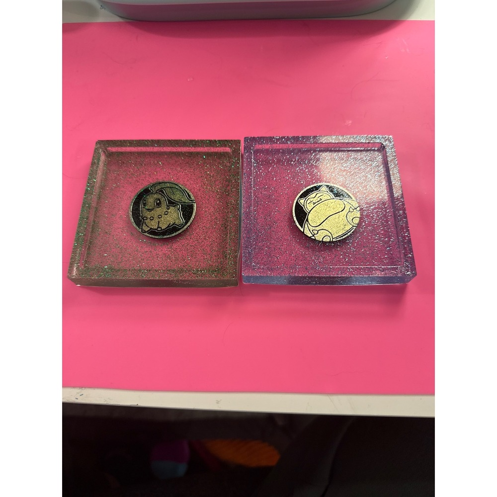 Pokemon Resin Coasters Chikorita and Snorlax Glitter‎ Decorative Dish Set of 2